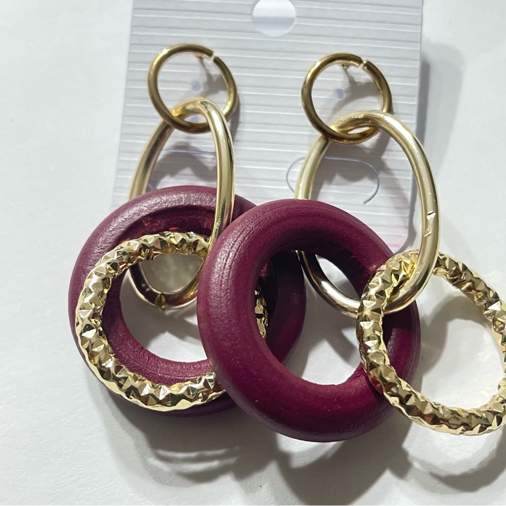 Multi-Shape Colorful Wooden with Gold-Tone Dangle Earrings, Push Back Closure - Picture 7 of 13